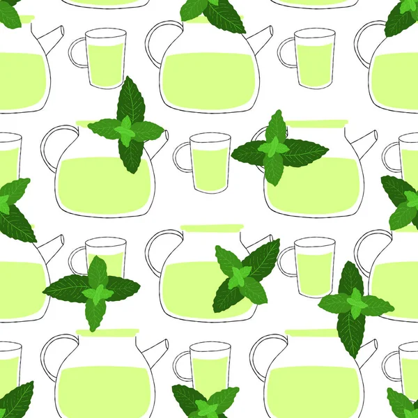 无缝图案 带有插图茶壶和薄荷绿茶杯 — 图库矢量图片