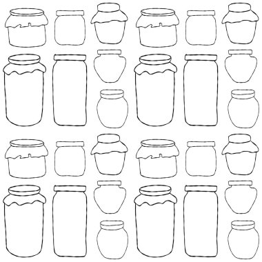 Beyaz arkaplanda reçel kavanozlarının ana hatlarıyla kusursuz desen.