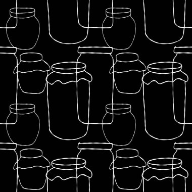 Siyah arkaplanda beyaz kavanozlar dolusu reçel çizimi olan kusursuz desen.