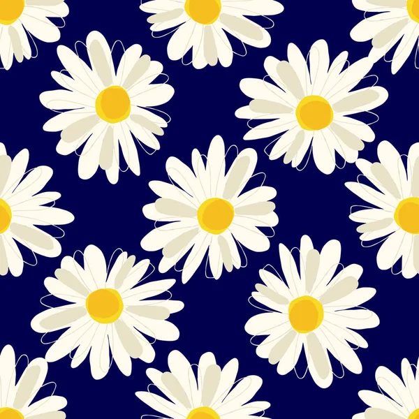 Seamless Pattern Herbal Chamomile Illustration Dark Blue Background — Stock Vector