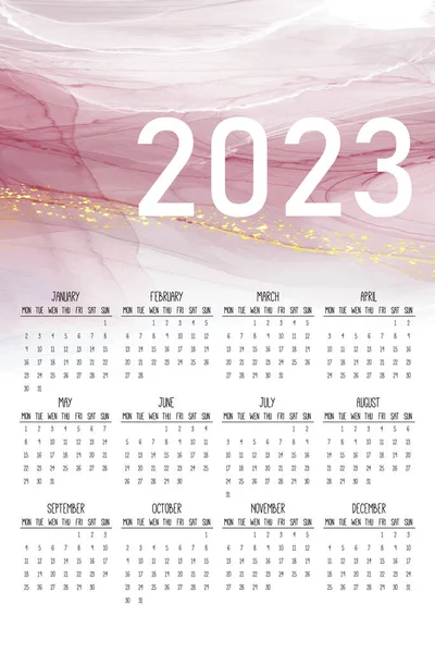 Calendar 2023 Week Start Monday Design Alcohol Ink Abstract Texture — Stock Vector