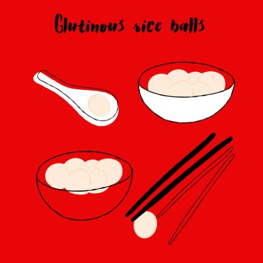 Kırmızı arkaplanda glutinous pirinç topları çizimi.