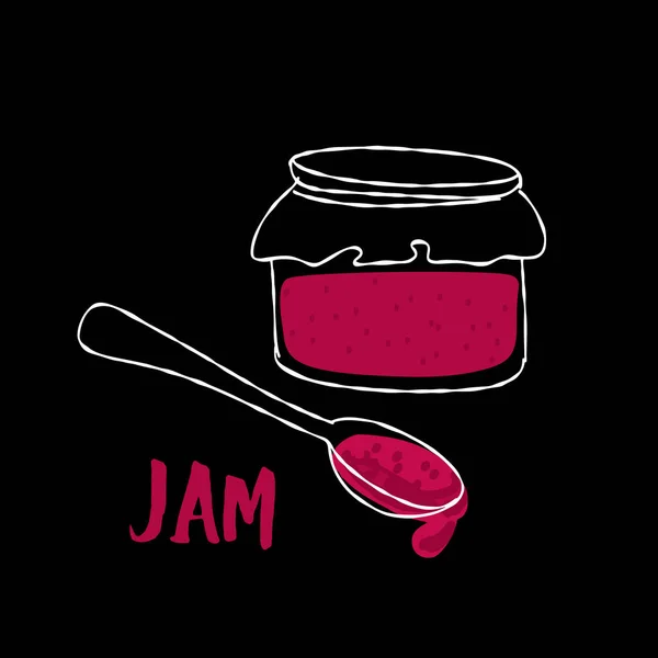 Jam Jar Egy Kanál Illusztráció Fekete Háttér — Stock Vector