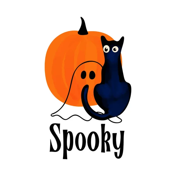 Halloween Illusztráció Sütőtök Szellem Fekete Macska Szöveggel Kísérteties Elszigetelt Fehér — Stock Vector