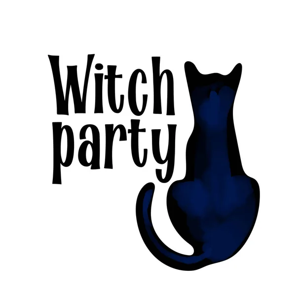 Μαύρη Απεικόνιση Γάτα Κείμενο Witch Κόμμα Απομονώνονται Λευκό Φόντο — Διανυσματικό Αρχείο