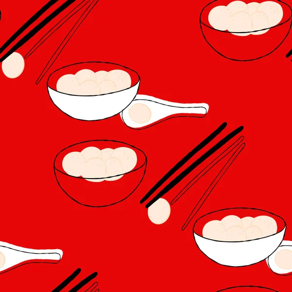 Nahtloses Muster Mit Klebrigen Reisbällchen Auf Rotem Hintergrund — Stockvektor