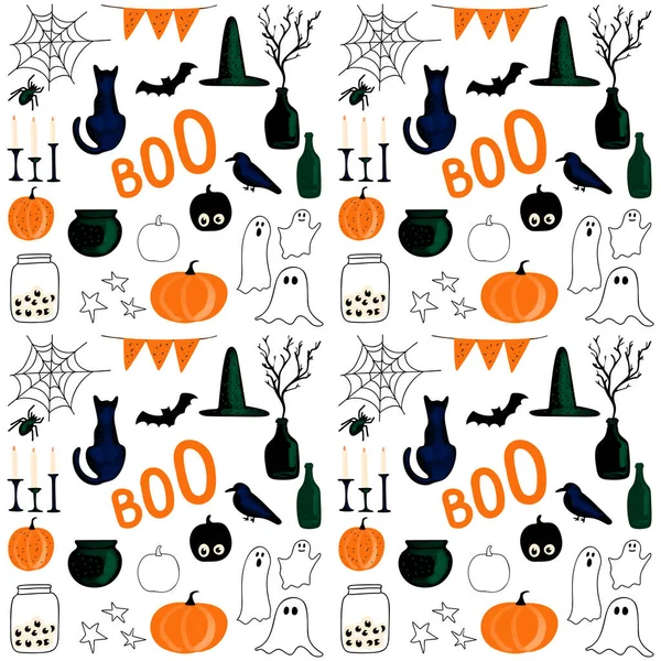 Halloween Zökkenőmentes Minta Illusztráció Fekete Narancs Fehér Színű Fehér Háttér — Stock Vector