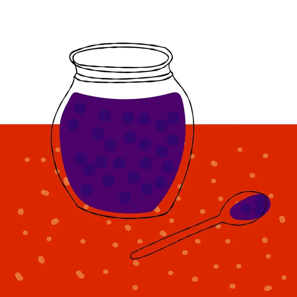 Marmeladenglas Illustration Doodle Stil Rote Blaue Und Weiße Farbe — Stockvektor