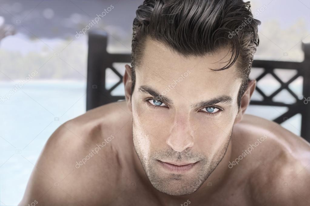 Portrait on Blue Eyed Attractive Man Stock Image - Image of face