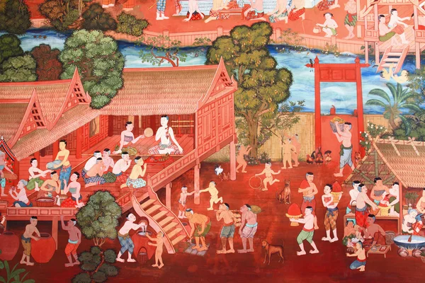 Arte de estilo tailandés tradicional con la historia sobre Buda Imagen de archivo