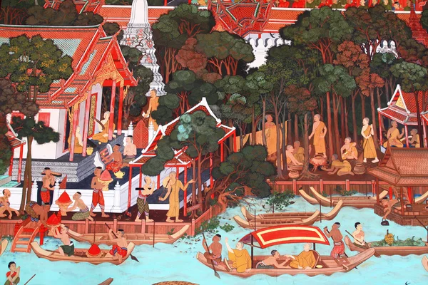 Arte de estilo tailandés tradicional con la historia sobre Buda Imágenes de stock libres de derechos