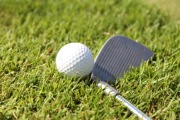 Pelotas de golf y conductor en el fondo de hierba verde —  Fotos de Stock