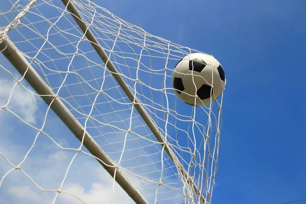 Soccer ball in goal — Stock Photo, Image