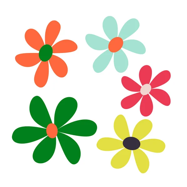 Set Flat Summer Flower Icons Silhouette Isolated White Cute Retro — Stock Photo, Image