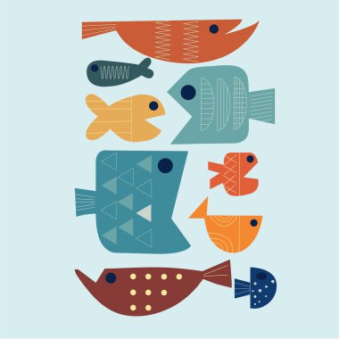 Yaz mevsiminde parlak deniz sakinleri. Beyaz arka planda çocuk resimleri. Yaz balık seti.