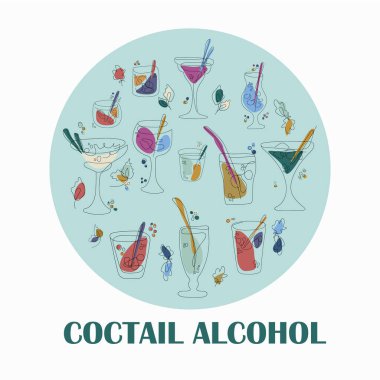 Menü için Beyaz Çizgili İnce Çizgili Simge Simgesi Alkol Kuyruk İşareti Yuvarlak Tasarım Şablonu. Çizgi Sanatı