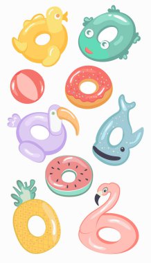 Beautiful and bright circles for swimming in the pool and the sea in the form of different animals and fruits on a white background. Pineapple, arbus, donut, whale, toad, duck, flamingo, pelican.