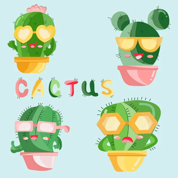 Cactus Colorati Allegri Diversi Occhiali Sole Vasi Colorati Uno Sfondo — Vettoriale Stock
