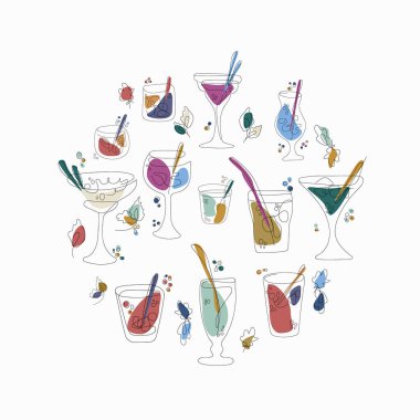 Menü için Beyaz Çizgili İnce Çizgili Simge Simgesi Alkol Kuyruk İşareti Yuvarlak Tasarım Şablonu. Lineart illüstrasyonu