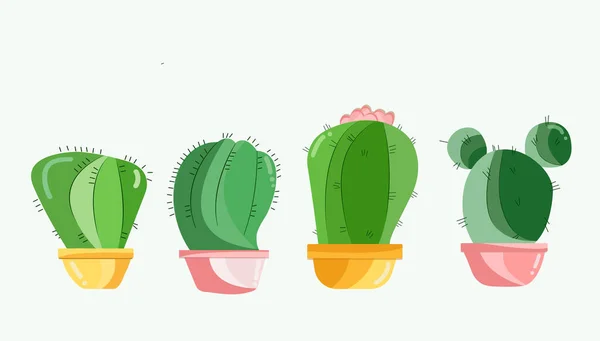 Bellissimi cactus di diverse forme e colori, in vasi multicolori, situati su fondo bianco. Stile piatto, fiore di casa — Vettoriale Stock