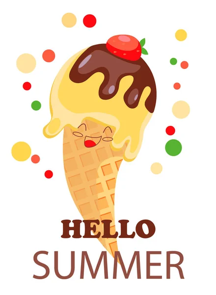 Summer Postcard Cheerful Ice Cream Waffle Cone Shakolad Glaze Strawberries — Stock Photo, Image