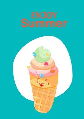 Renkli dondurmalarla dolu, neşeli duygularla dolu farklı boyutlarda, koni boynuzuyla yazılmış bir kartpostal. İçerik için yaz tasarımı. Vektör ışığı arkaplanı