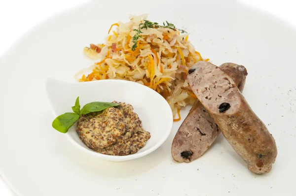 Sausages with sauerkraut and mustar — Stock Photo, Image