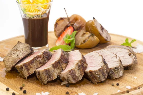 Meat with fruils and chocolate — Stock Photo, Image