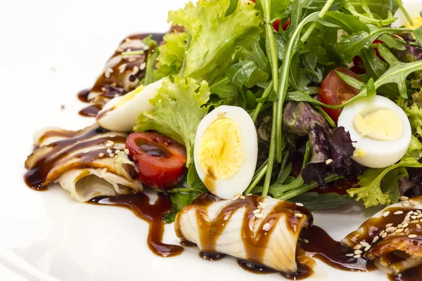 Salát ze zelené zeleniny a masa, ryby úhoř restaurace — Stock fotografie