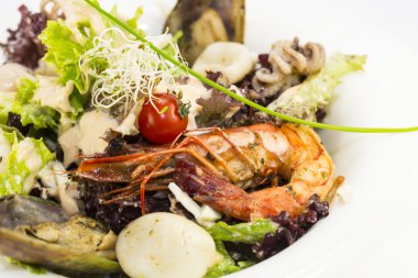 Sebzeli salata ve deniz ürünleri.