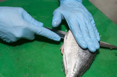 Male worker's hands cutting fish with knife clipart