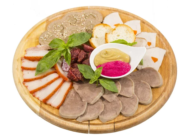 Meat dish with several kinds of sausages — Stock Photo, Image