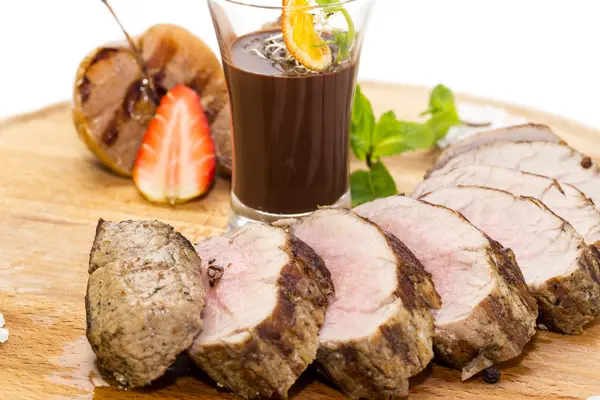 Meat with fruils and chocolate — Stock Photo, Image