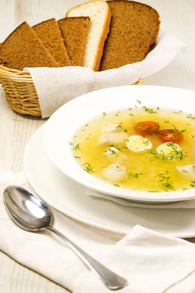 Chicken soup on a table at restaurant — Stock Photo, Image
