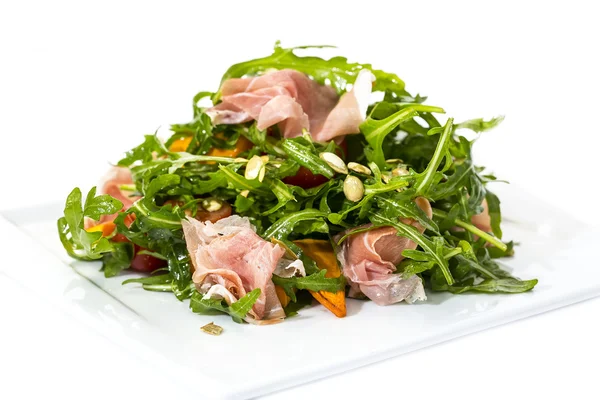 Salad of arugula ham cheese — Stock Photo, Image