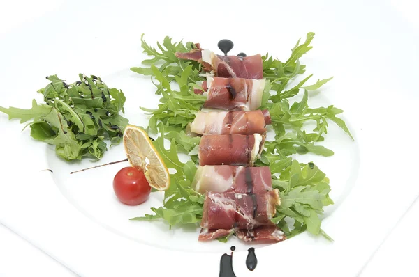 Rolls of meat and greens on a white background — Stock Photo, Image