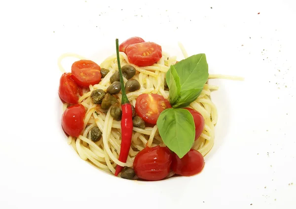 Spaghetti with cheese and meat on a white plate — Stock Photo, Image