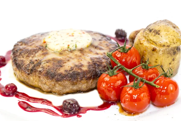 Steak with tomato sauce and mushrooms — Stock Photo, Image