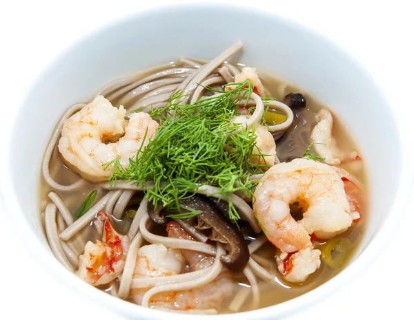 Japanese soup with shrimp and pasta — Stock Photo, Image