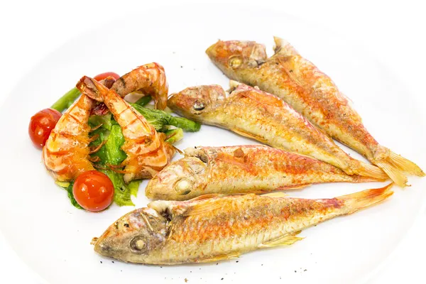 Peixe grelhado com salada de camarão — Fotografia de Stock