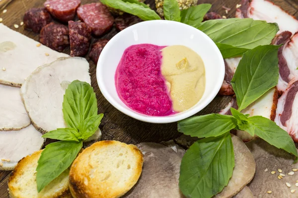 Meat dish with several kinds of sausages — Stock Photo, Image