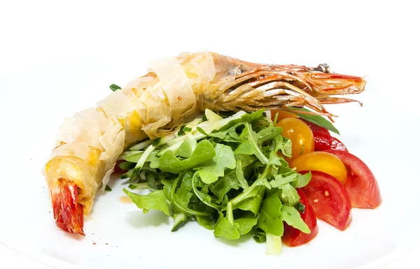 Jumbo shrimp with herbs and several types of tomatoes — Stock Photo, Image