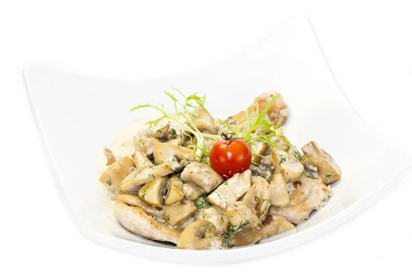 Mushrooms in a cream sauce with steamed vegetables — Stock Photo, Image