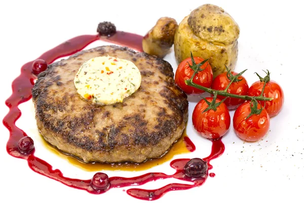 Steak with tomato sauce and mushrooms — Stock Photo, Image