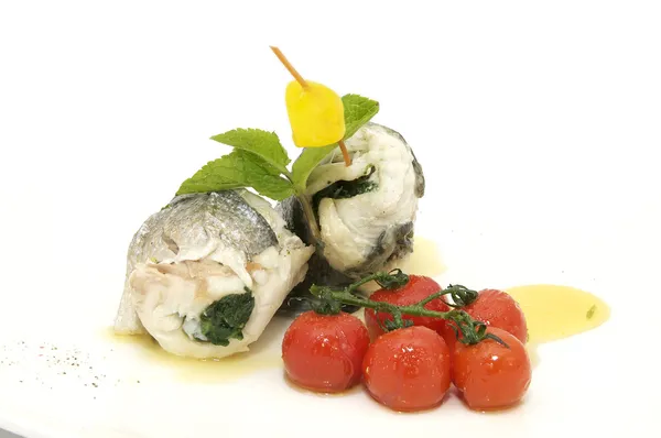 Baked fish with cherry tomatoes — Stock Photo, Image