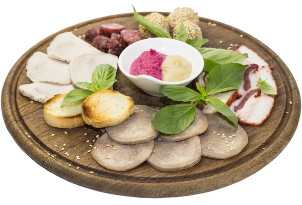 Meat dish with several kinds of sausages — Stock Photo, Image