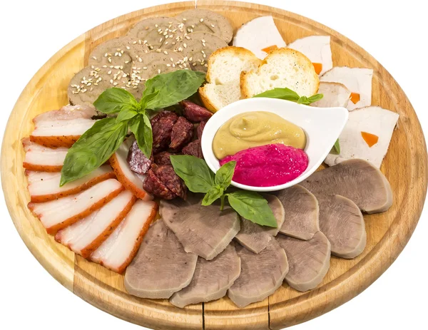 Meat dish with several kinds of sausages — Stock Photo, Image