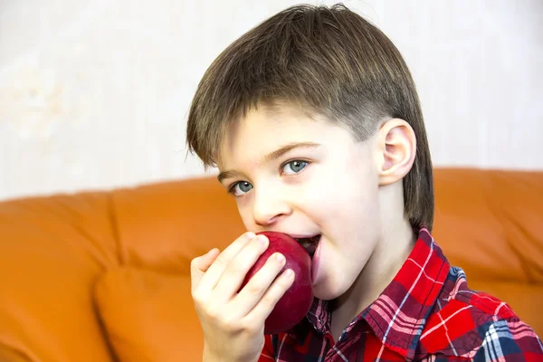수 분이 많은 빨간 사과 먹는 아이 들 — 스톡 사진