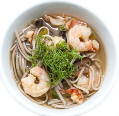 karides çorbası ve spagetti