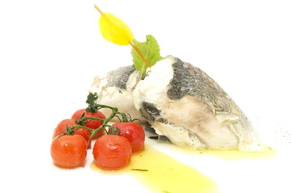 Baked fish with cherry tomatoes — Stock Photo, Image